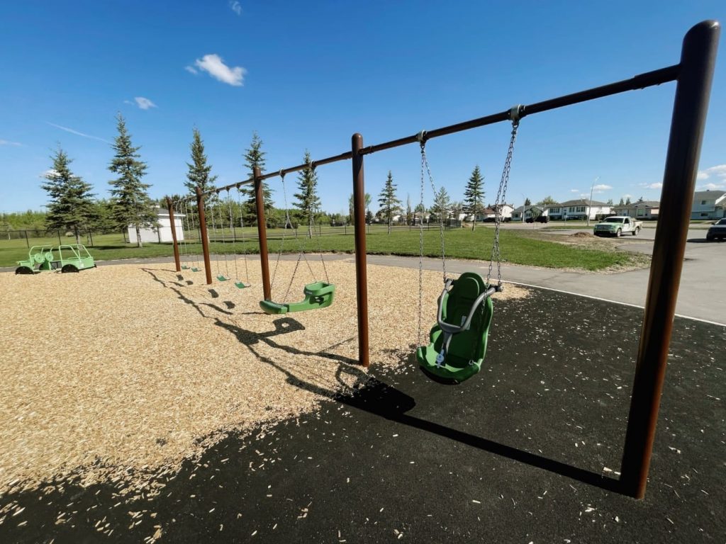 Memorial Park-15 Memorial Park in Gibbons, AB with Four Wheeler and MaxPlay Swing Set with Inclusive Swing Seat, Generation, Swing Seat, and Belt Seats.