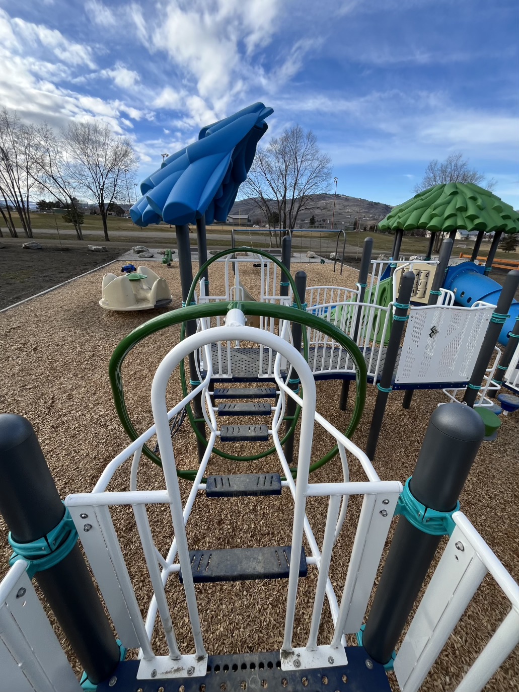 Step ladder bridge with green hoops leading to a merry-go-round and swings on wood chips.