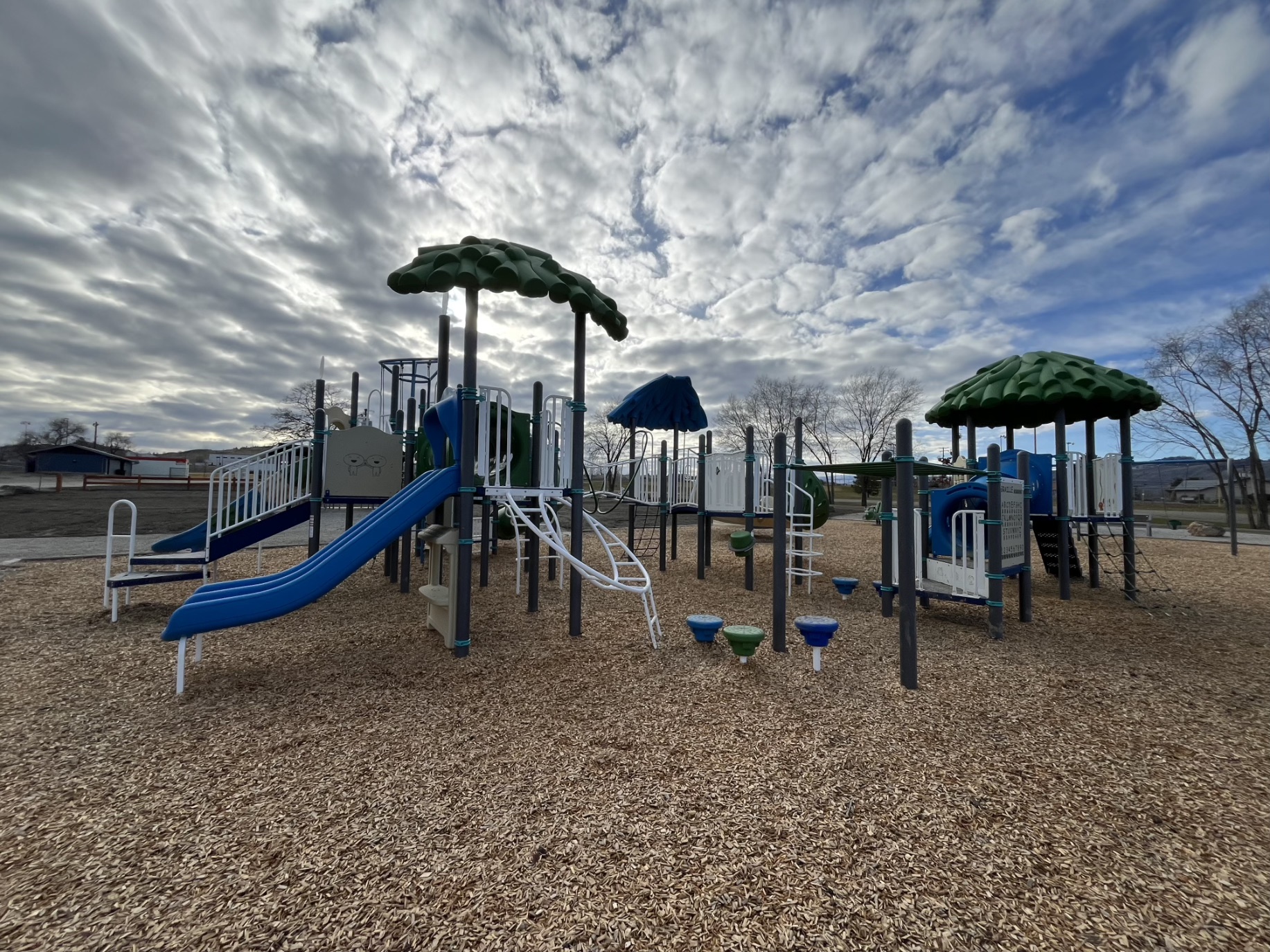 Blue double slide and colourful stepping pods on wood chips, with leafy canopy towers behind.