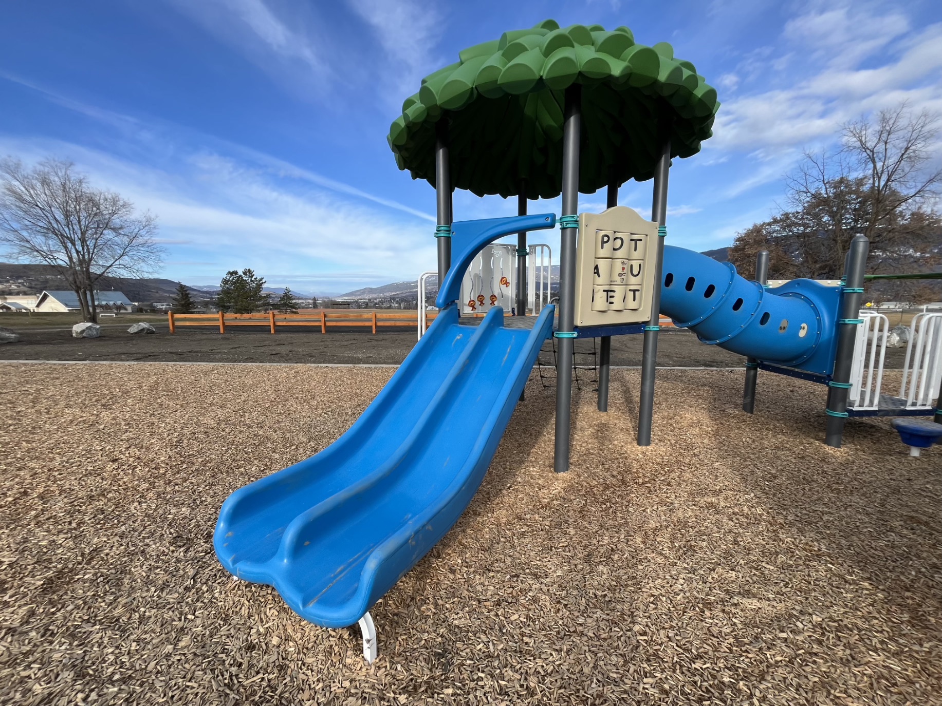 Blue double slide under a green leaf canopy, with a word puzzle panel and blue crawl tunnel.