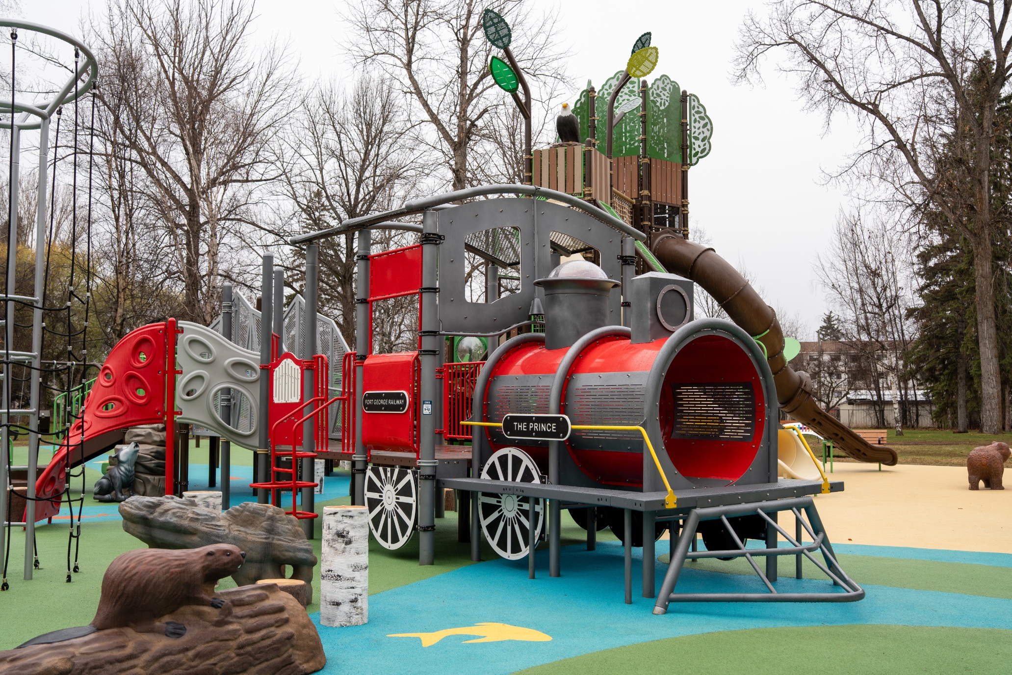 The Prince steam train play structure at Lheidli T'enneh Memorial Park in Prince George, BC.