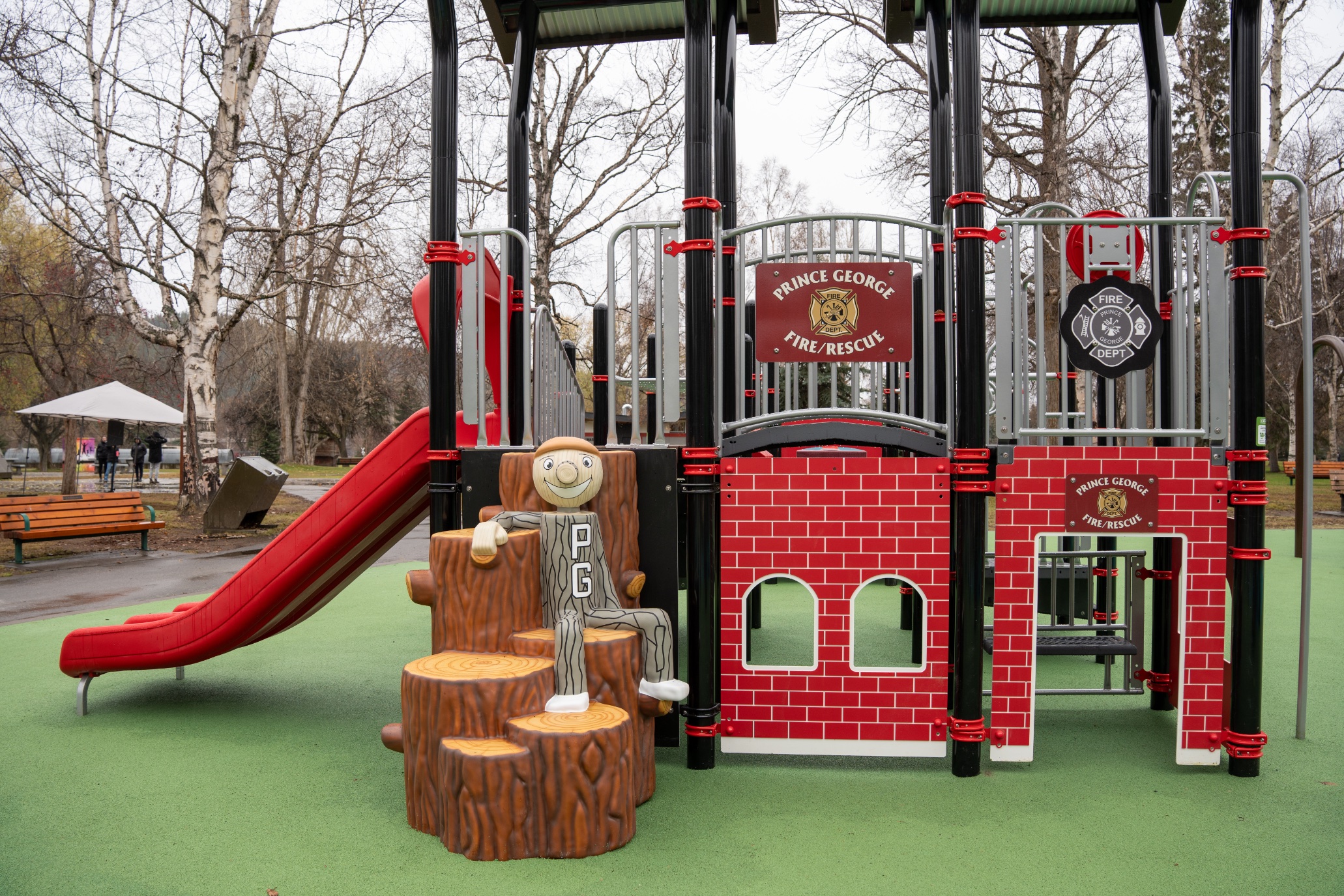 Prince George Fire/Rescue play structure at Lheidli T'enneh Memorial Park in Prince George, BC.