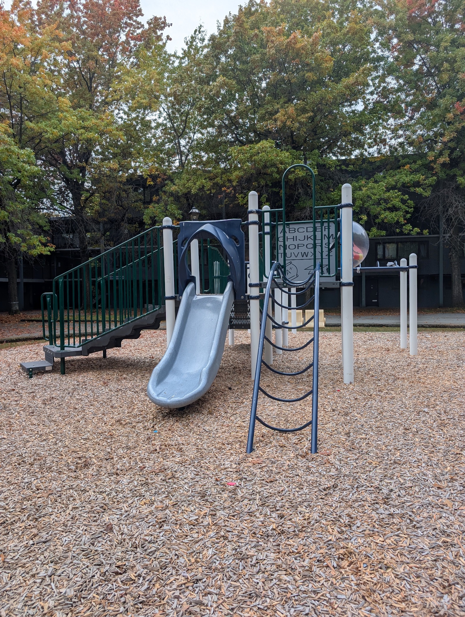 Close-up of the grey slide, curved ladder and alphabet panel on the play structure, autumn leaves overhead