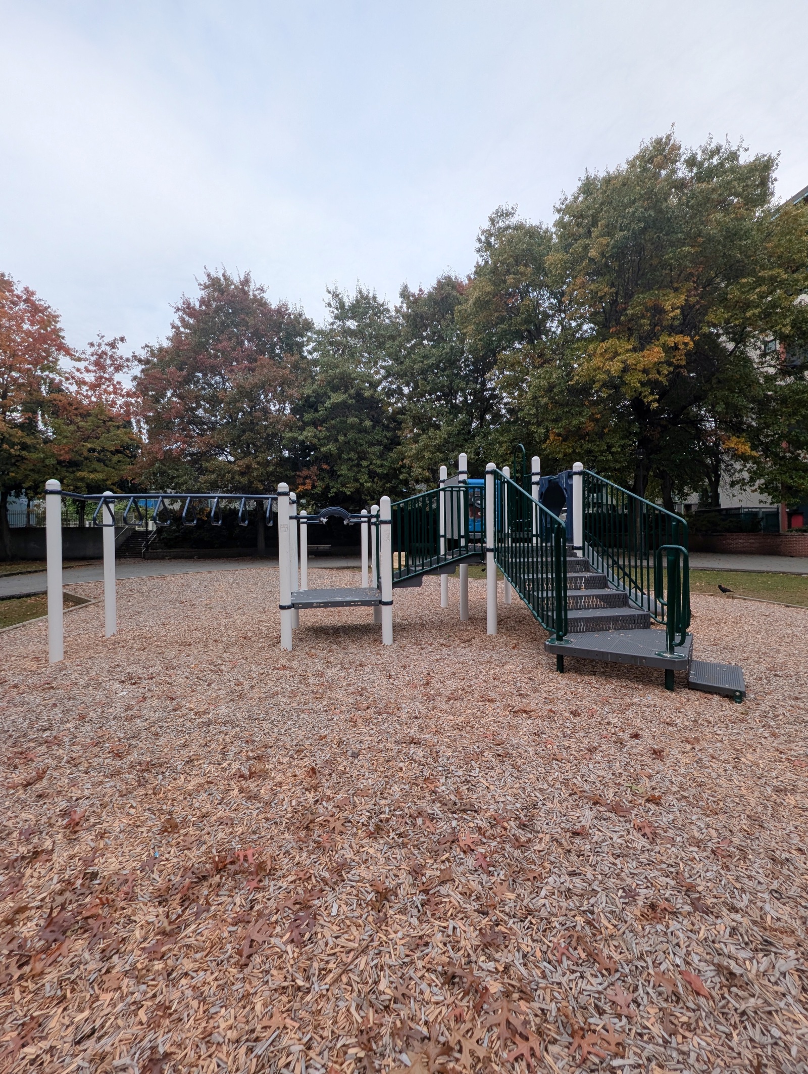 Monkey bars leading to a stepped platform, with a tall high-rise building in the background.