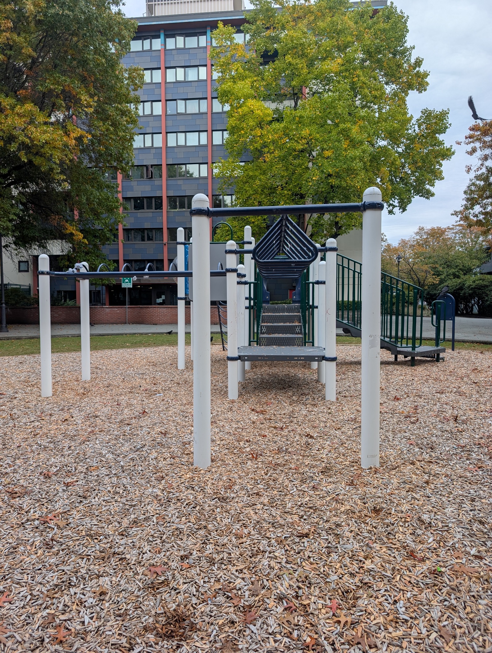 Monkey bars and a raised platform with stairs, framed by colourful autumn trees at MacLean Park in Vancouver, BC.