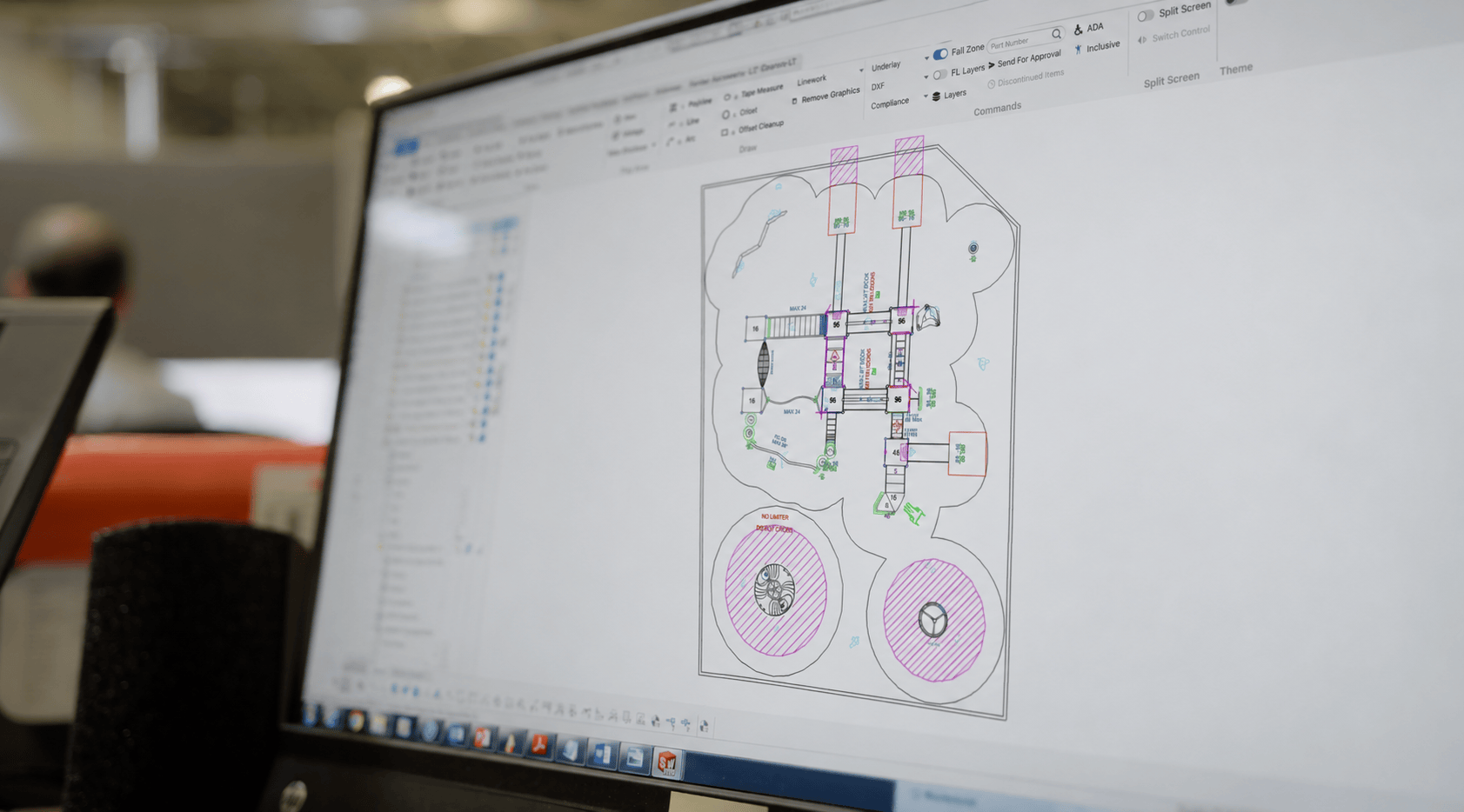 Computer screen showing playground design software, illustrating how to design a commercial playground.