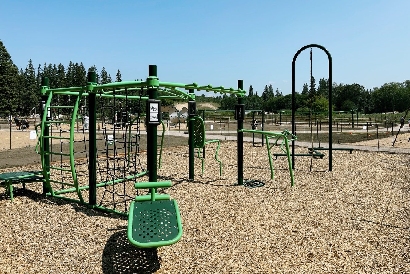 Green outdoor fitness station with a climbing net, balance bars and bench on wood chip surfacing.