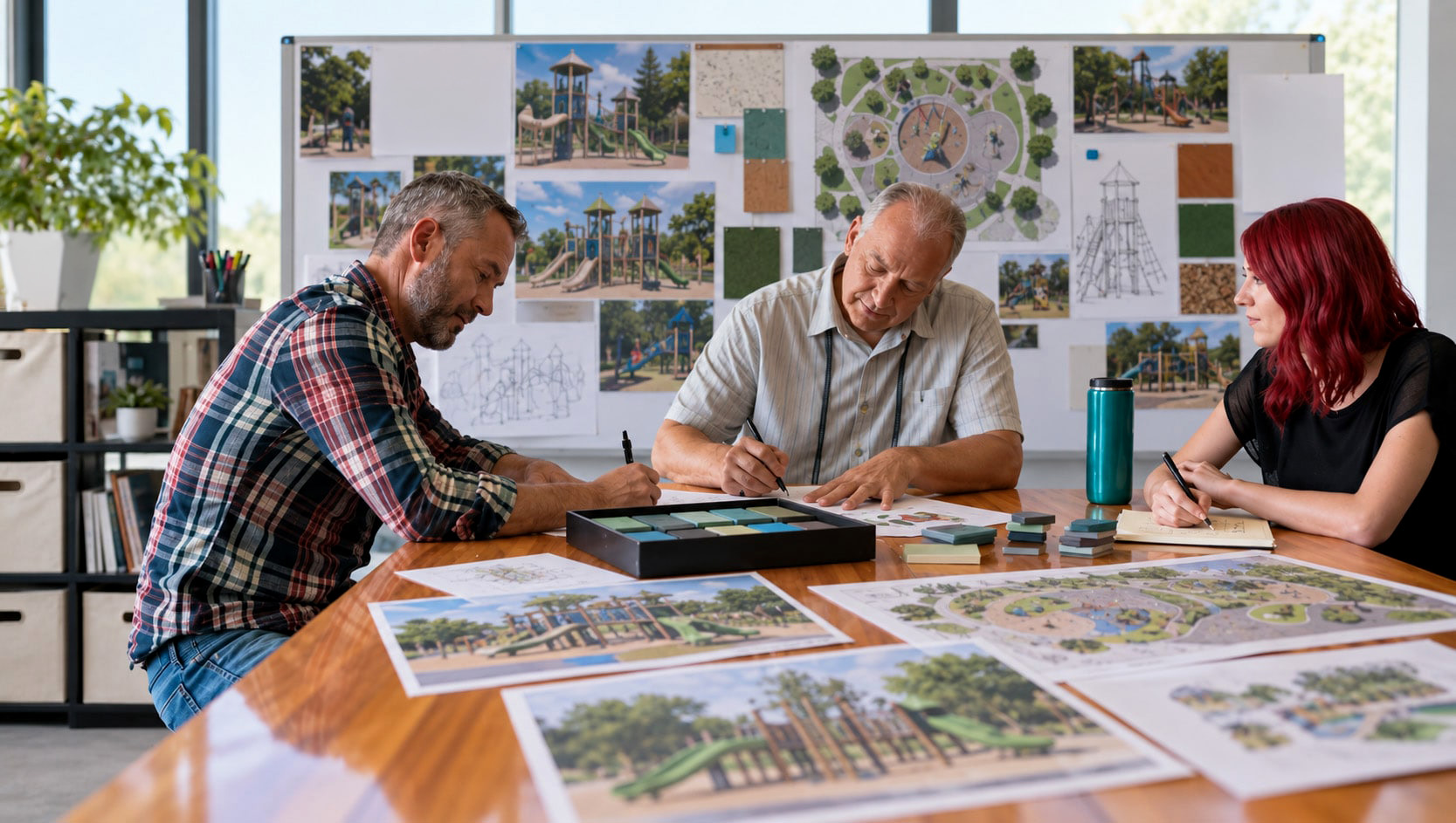 Three designers reviewing playground renderings and color swatches, part of learning how to design a commercial playground.